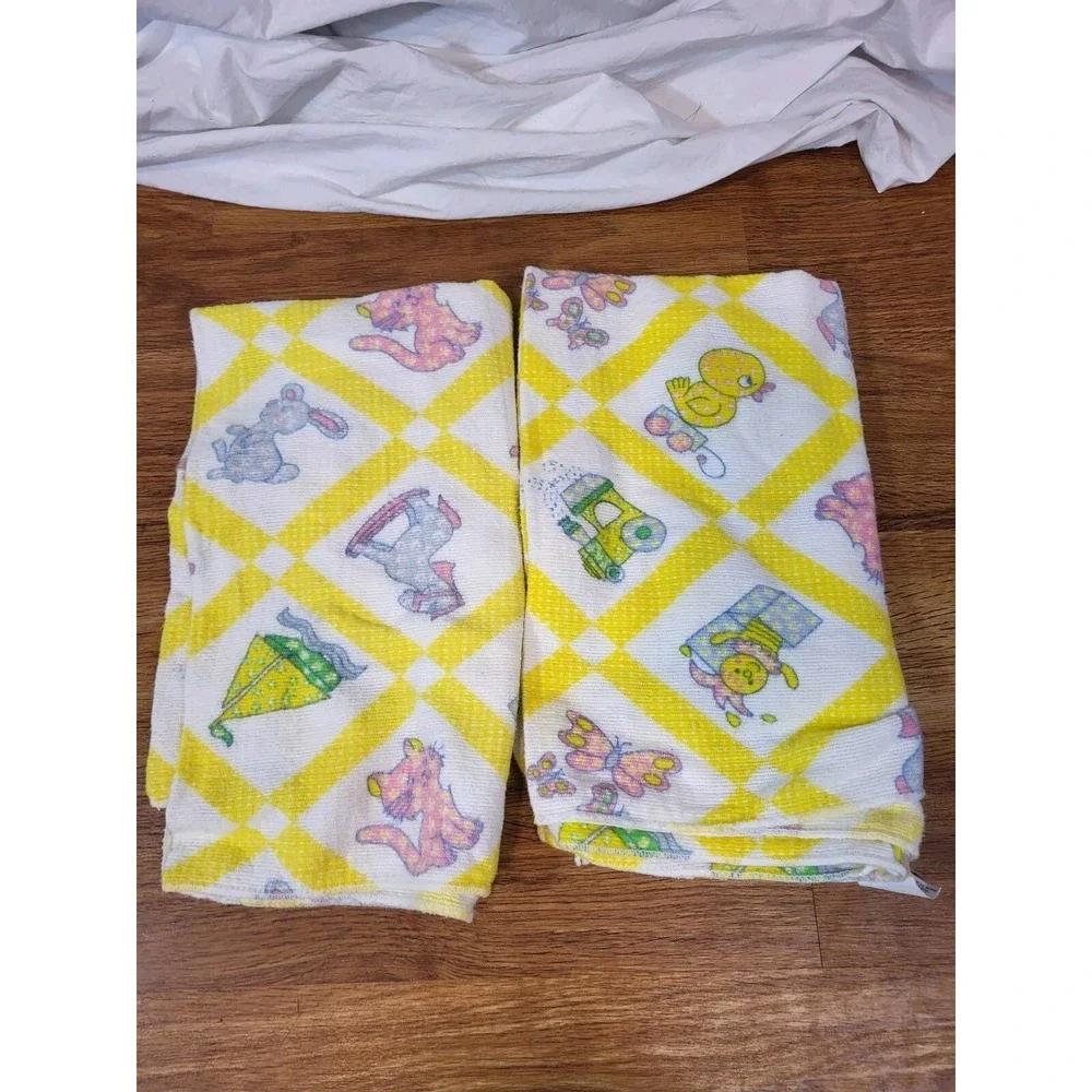 (2) Vintage Riegel Yellow Baby Receiving Blankets Bunnies Chicks Kittens Boats